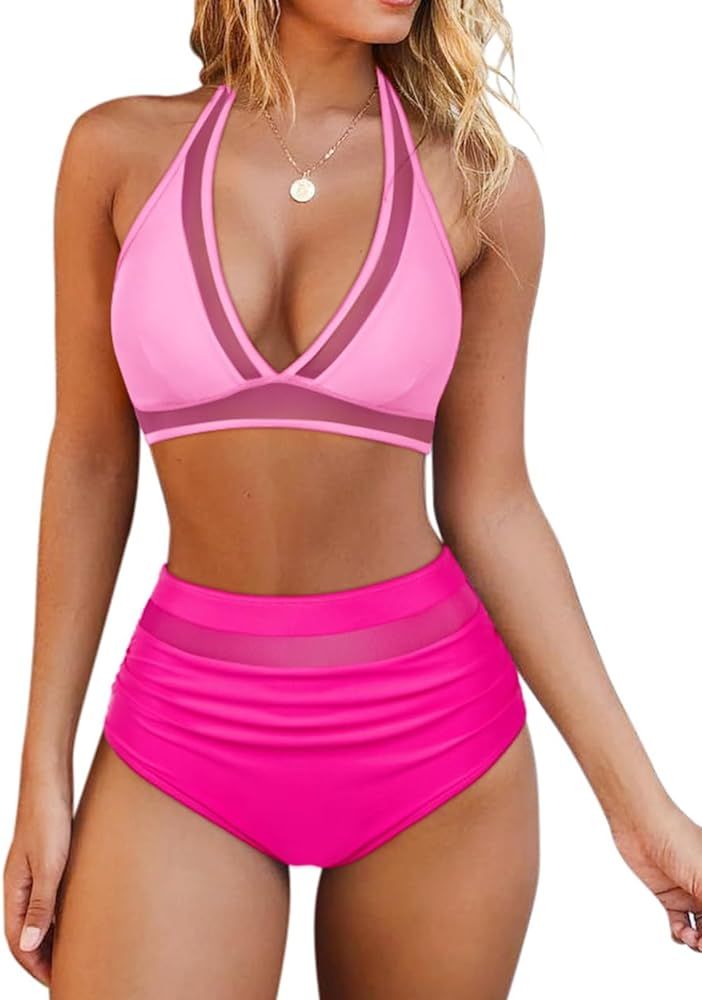 OMKAGI Women Mesh High Waisted Bikini Set Sexy V Neck Tummy Control Swimsuit Bathing Suit | Amazon (US)