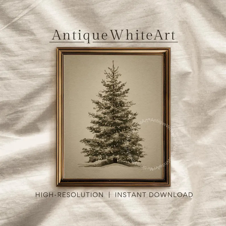 Vintage Christmas Tree Watercolor Painting: Snowy Evergreen, Neutral Winter Decor (digital Downlo... | Etsy (US)