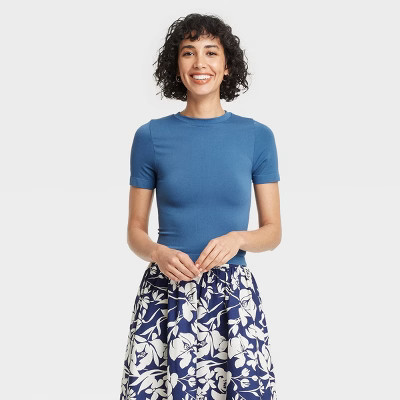Women's Slim Fit Short Sleeve Seamless Baby T-Shirt - A New Day™ Blue M | Target
