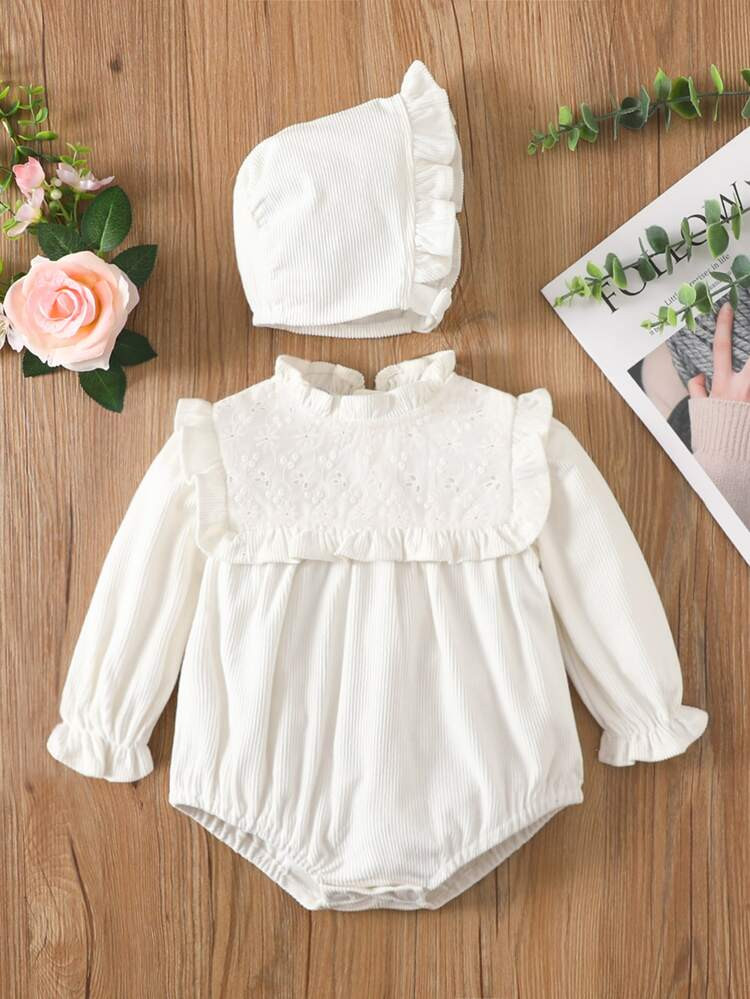 Baby Eyelet Embroidery Rib Knit Frill Trim Flounce Sleeve Bodysuit With Hat | SHEIN