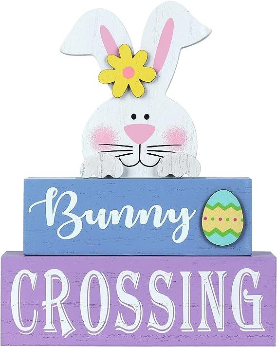 Easter Decorations for the Home, hogardeck Rustic Bunny Crossing Wood Sign 3-layer Wooden Egg Blo... | Amazon (US)