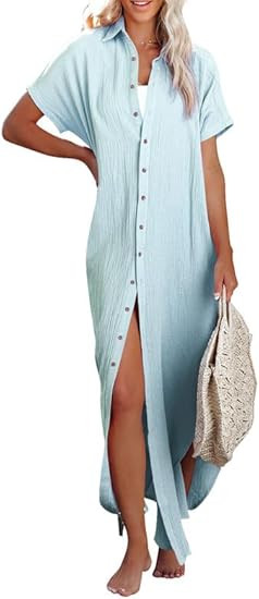 Dokotoo Womens Casual Short Sleeve Side Split Button Down Long Kimonos Cardigans Swimsuit Cover U... | Amazon (US)
