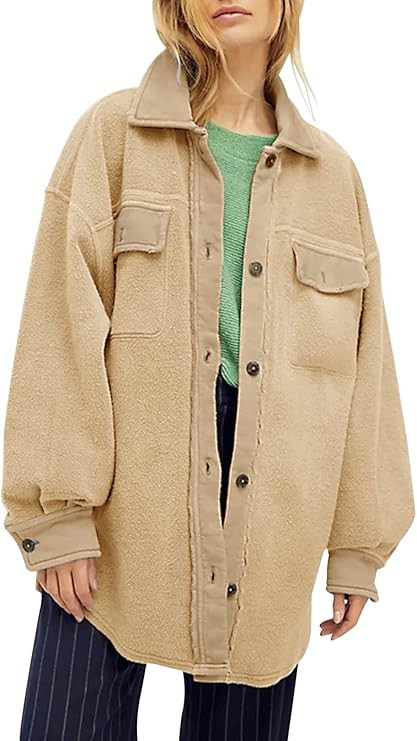 Womens Oversized Long Sleeve Button Down Shirt Jacket Soft Comfy Casual Shacket Coats with Pocket... | Amazon (US)