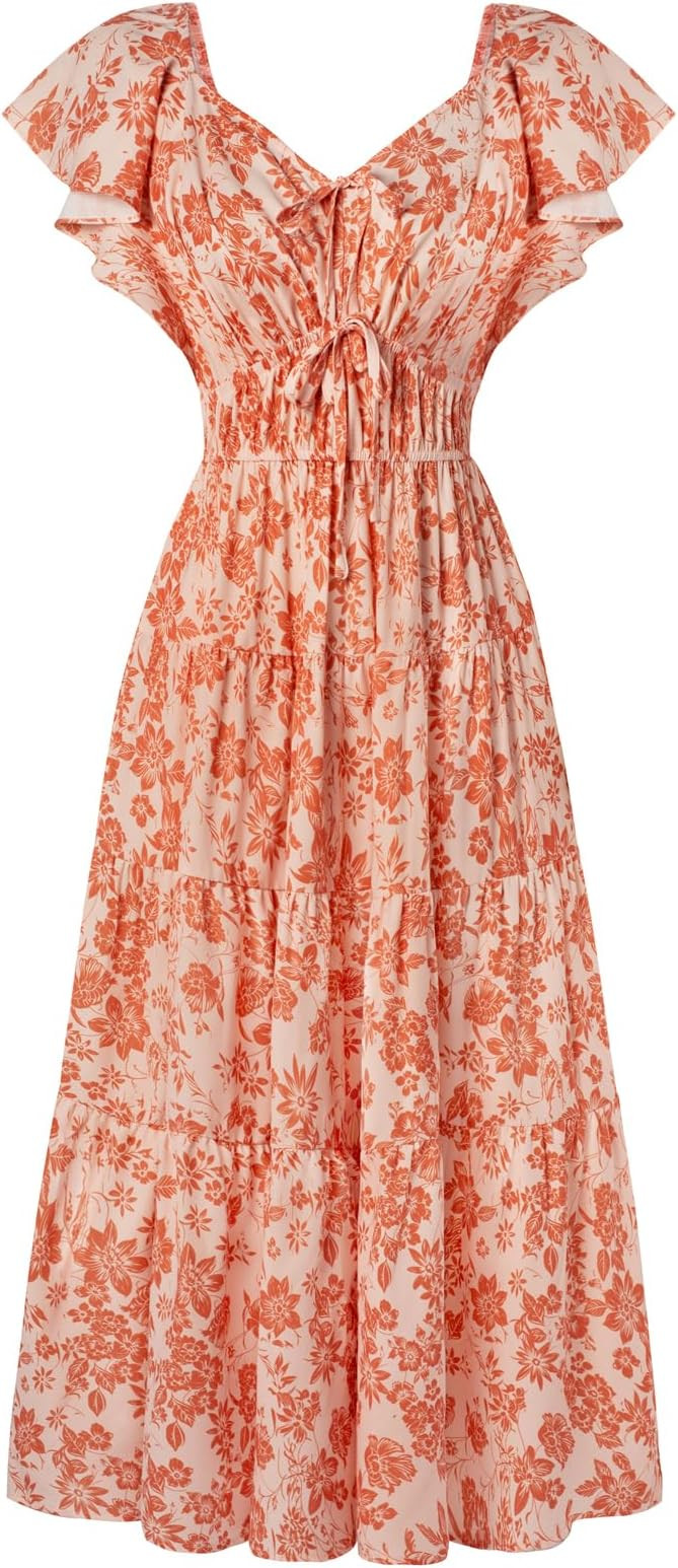 GRACE KARIN Womens 2025 Floral Summer V-Neck Ruffle Sleeve Empire Waist A-Line Casual Maxi Tiered... | Amazon (US)