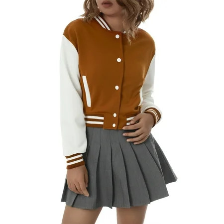 Sunisery Women s Baseball Jacket Long Sleeve Buttons Colorblock Crop Bomber Jacket Y2K Hip Hop Sport | Walmart (US)