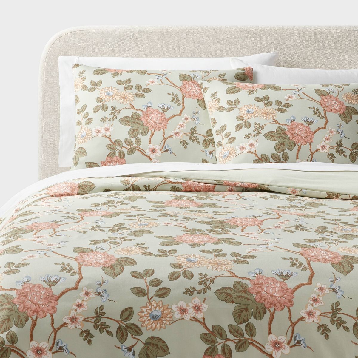 Full/Queen Trad Floral Print Duvet and Sham Set Light Sage Green/Light Pink/White - Threshold™ | Target