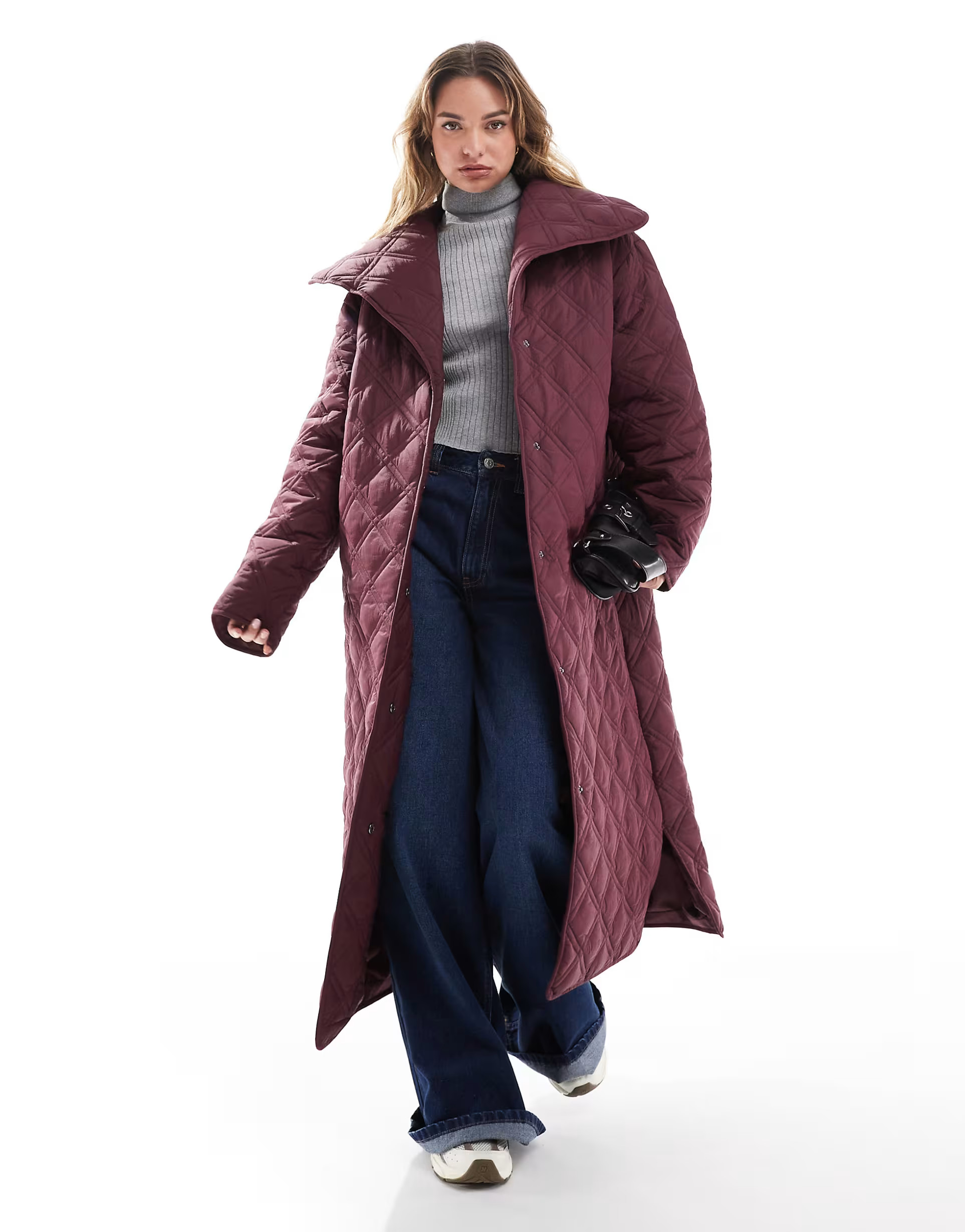 ASOS DESIGN waterfall collar quilted longline coat in burgundy | ASOS (Global)