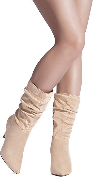 Amazon.com | DREAM PAIRS Women's Nude Suede High Heel Mid Calf Boots Size 7.5 M US Kimly | Mid-Ca... | Amazon (US)
