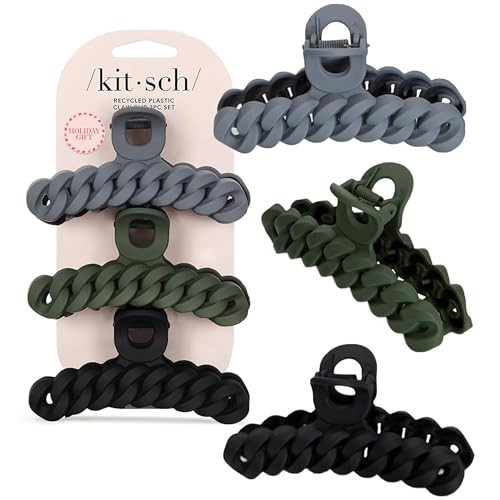 Kitsch Recycled Plastic Large Claw Clip, Big Chain Hair Clips for Women, Big Claw Clips for Thick Hair | Ideal Gifts for Women (3pc Set Black/Moss) | Amazon (US)