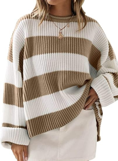 ZESICA Women's 2025 Fall Long Sleeve Oversized Striped Color Block Comfy Loose Crew Neck Knitted ... | Amazon (US)