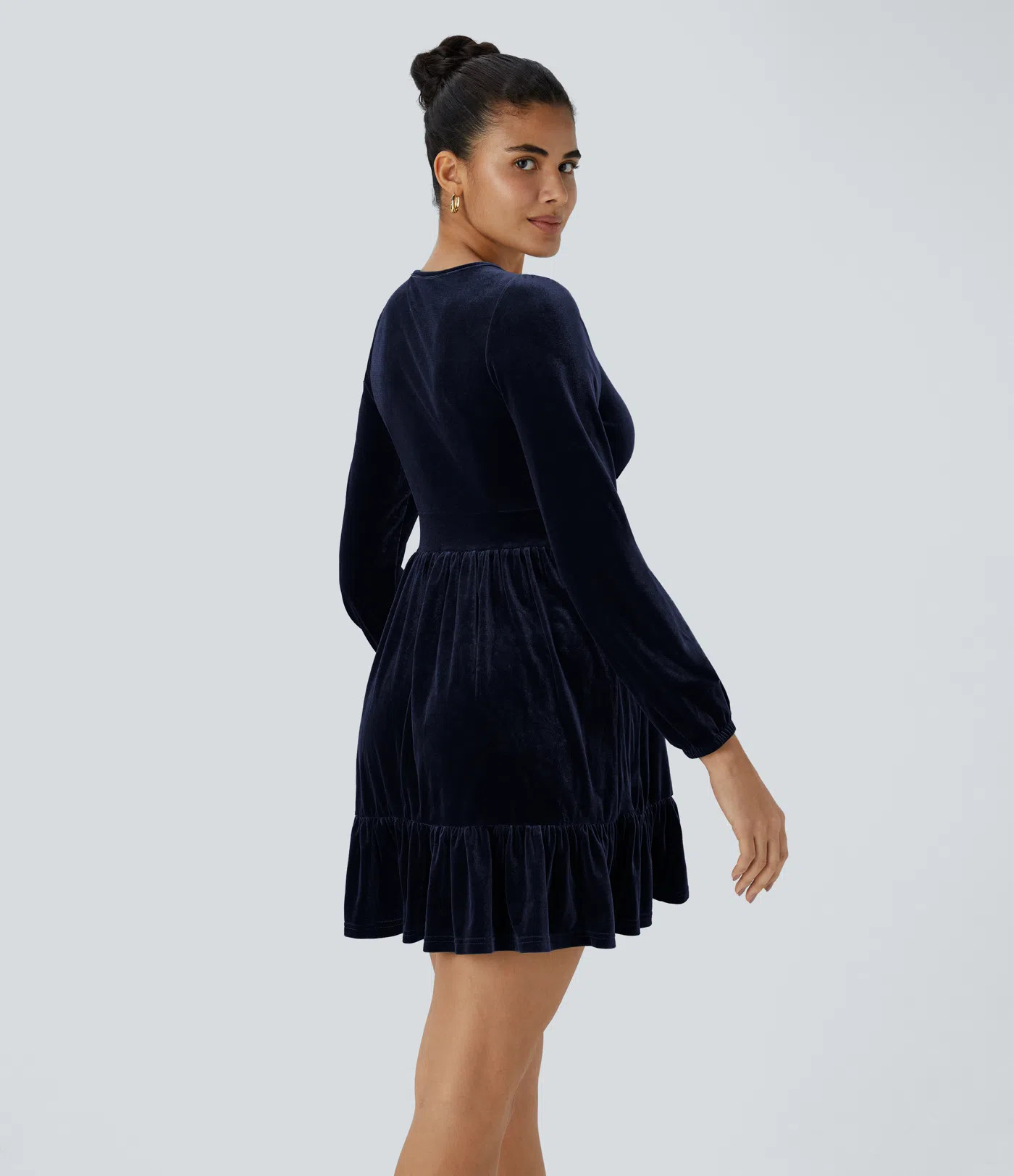 Women’s Everyday Deep V Neck Long Sleeve Ruffled Hem Velvet Mini Chill Dress - Halara | HALARA