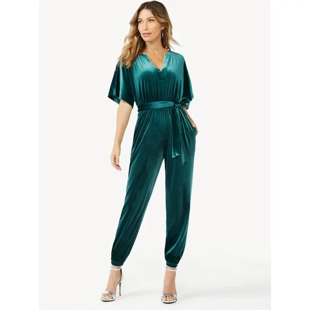 Sofia Jeans by Sofia Vergara Women's Velvet Jumpsuit with Squared Sleeves - Walmart.com | Walmart (US)