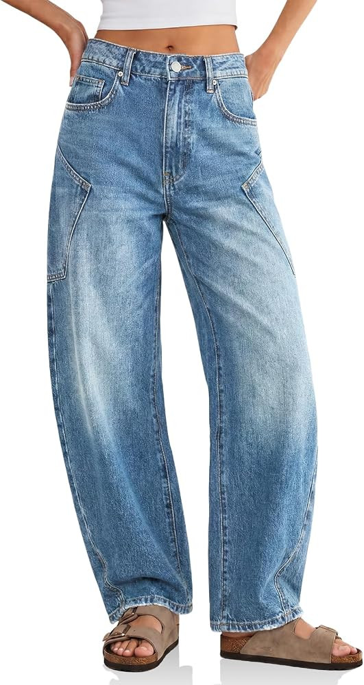 Flowyair Womens Baggy Barrel Jeans Raw High Waisted Wide Leg Denim Pants | Amazon (US)