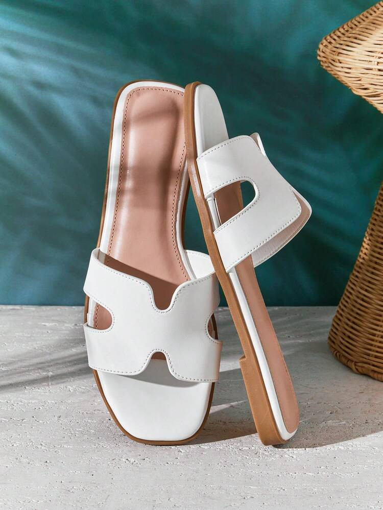 SHUZIA All-Time Bestseller Women's Luxe-Inspired Harness Cutout Open Toe Minimalist PU White Slides For Christmas Valentine's Day | SHEIN