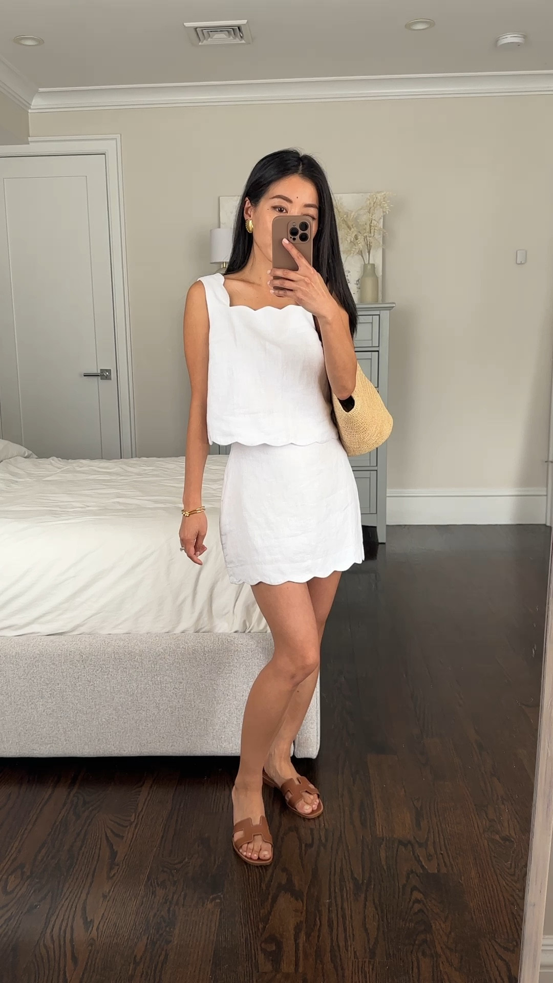 • Abercrombie linen scallop-hem set top xxs - fits well, double layered and lined. 

• Abercrombie linen scallop-hem mini skort (skirt with the shorts under) in  xxs - also fits well , no waist gap on me and double layered with a side zip.

I also tried on the coordinating shorts linked which fit well too in xxs 

 just note these linen bottoms are wrinkle prone (typical of linen). If you want to conceal wrinkles , try the black color 

• Hermes sandals (linked similar) 

• Sezane tote 

#petite spring outfits

#LTKtravel #LTKsalealert #LTKSeasonal
