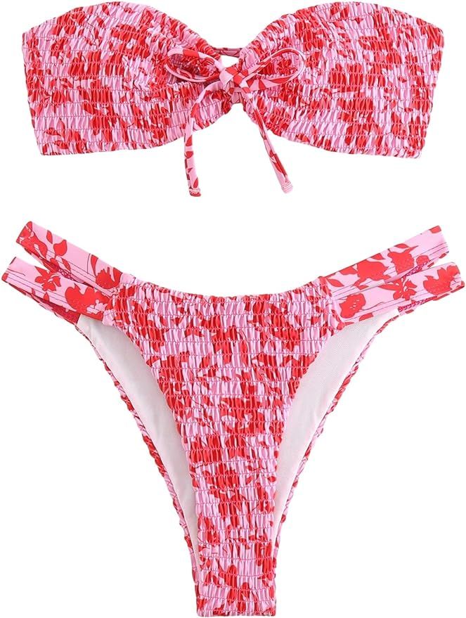 SHENHE Women's Bikini Set Allover Floral Print Smocked High Cut Bandeau Bathing Swimsuit | Amazon (US)