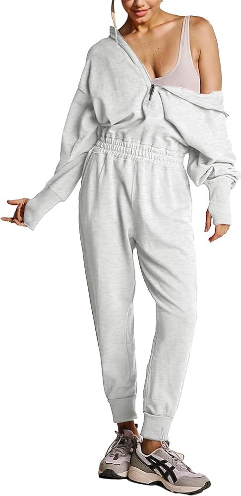 Womens Training Day Jumpsuit Half Zip Hooded Athletic One Piece Overalls High Waisted Long Romper... | Amazon (US)