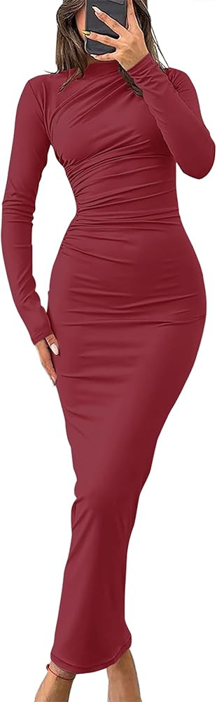 ZESICA Women's Long Sleeve Bodycon Maxi Dresses 2024 Fall Knit Slim Fit Ruched Sexy Elegant Cockt... | Amazon (US)
