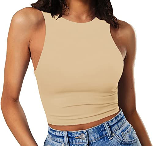 Artfish Women's Sleeveless Cropped Shirts High Neck Stretchy Fitted Basic Crop Tank Top (Beige Tan, XS) | Amazon (US)
