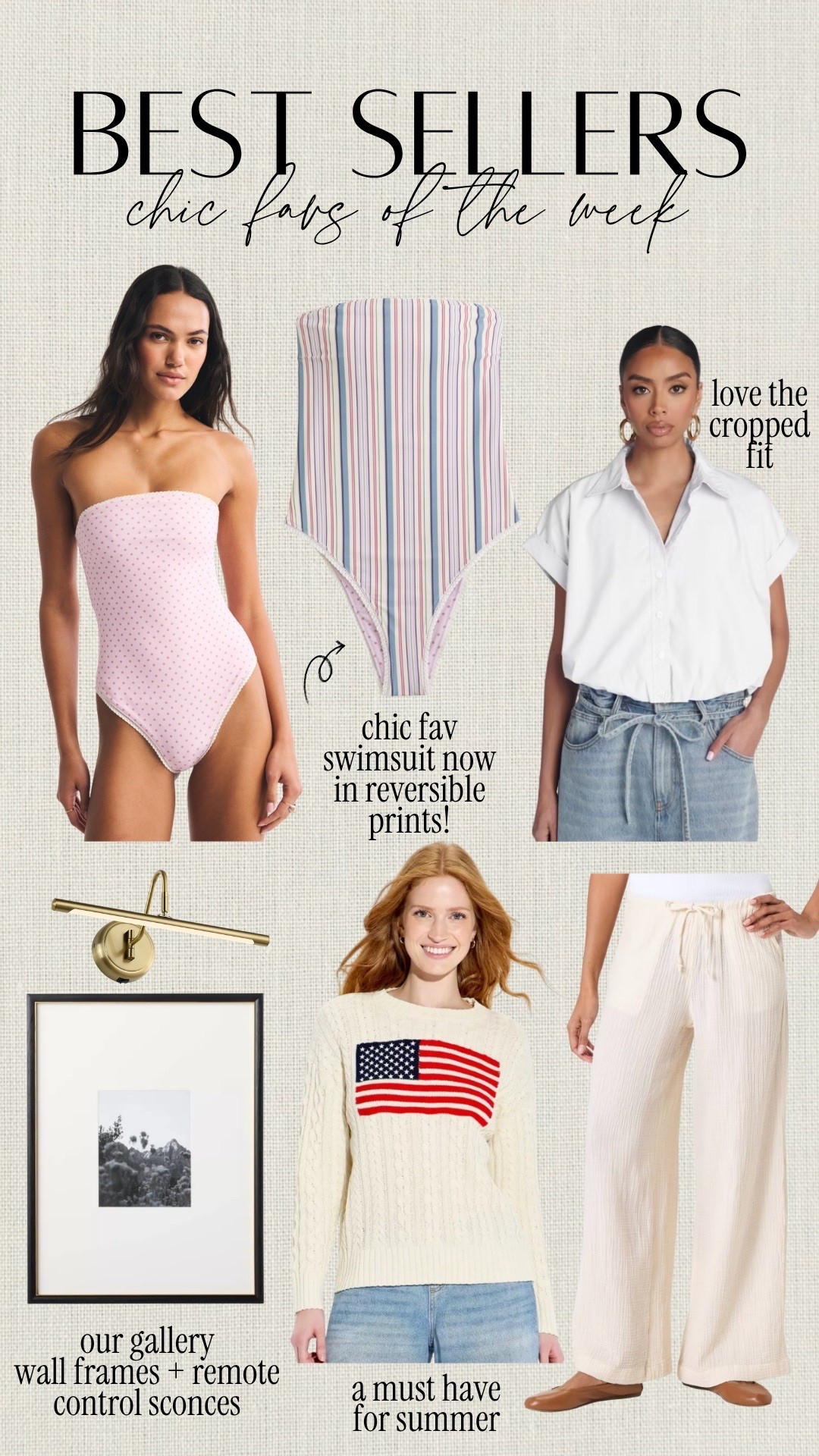 Weekly chic best sellers! Abercrombie reversible one piece strapless swim. Linen pants. American flag Cableknit crew sweater. White short sleeve button down. Galley wall frames.

#LTKHome #LTKSwim #LTKootd