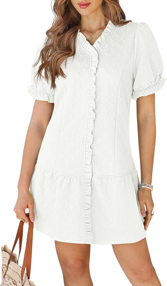 Wenrine Womens Casual Mini Dress Textured Puff Short Sleeve V Neck Ruffle Loose A Line Spring Dre... | Amazon (US)