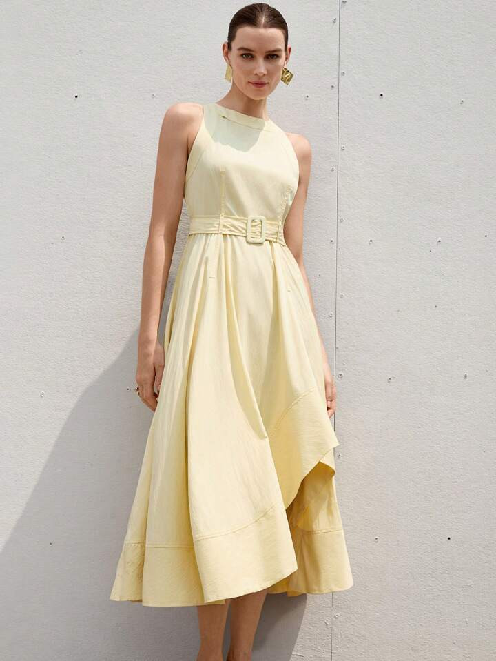 Aveloria Modichic New Simple Elegant High-Quality Design Solid Color Round Neck Cinched Waist Cinched Waist Asymmetrical Flare Hem Sleeveless Dress For Women, Suitable For Work And Vacation | SHEIN