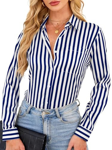 BBIBBI Navy and White Striped Shirt Blue Tops for Women Women's Button Up Womens Collared Down Blouses & Button-Down Shirts Navy Blue Size M | Amazon (US)
