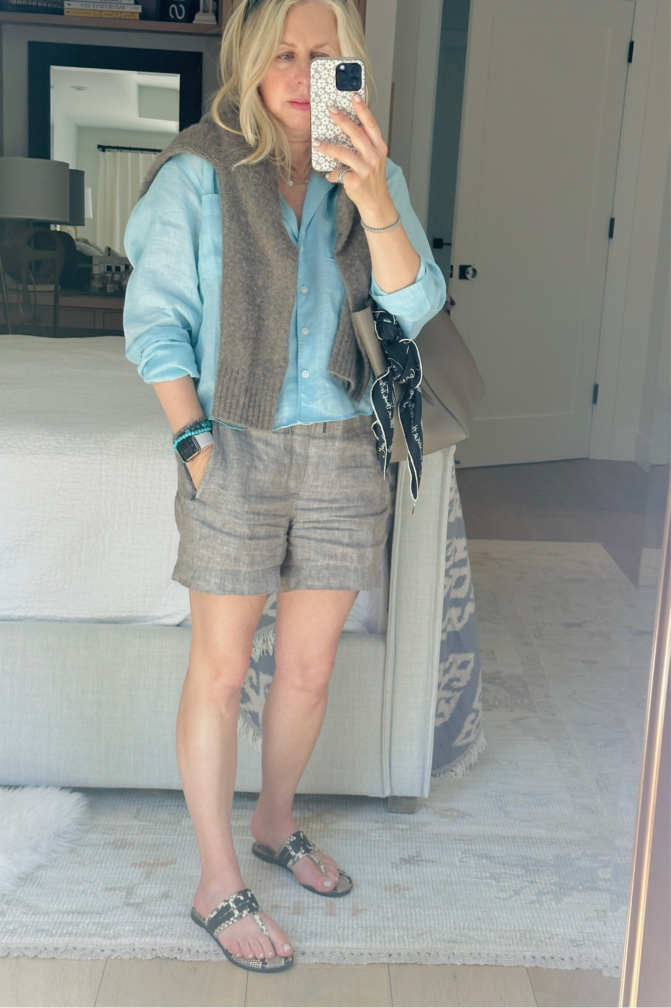 Loving this monochromatic look. Pulled a few things from my closet to create this! 

Céline bag is older as are the Tory Burch sandals, but added similar ones here. The shorts are so nice! They are sold out in the darker shade. This grey is also nice color.
Scarf is vintage Lulu Guinness, but I added a similar silk one!