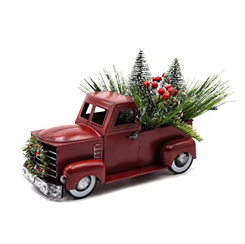 Vintage Red Truck Christmas Décor with Flocked Christmas Tree Red Berry Pine Cone, Farmhouse Metal Pickup Truck for Table Top Christmas Decorations, Perfect Christmas Table Centerpiece, 12 inch | Amazon (US)