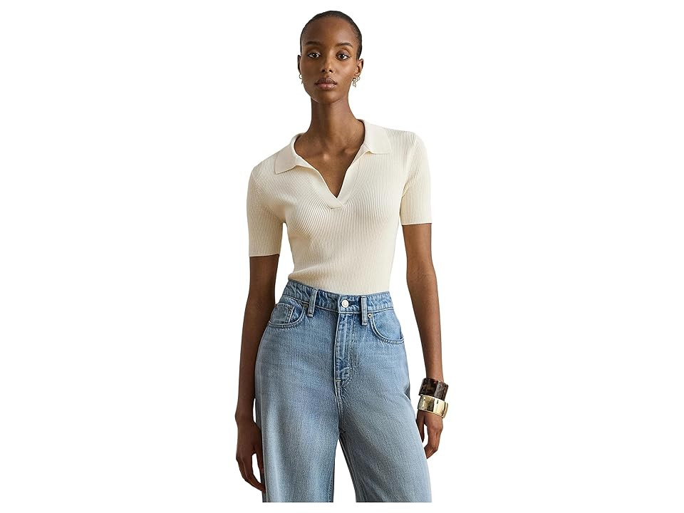 Lauren Ralph Lauren Rib-Knit Short-Sleeve Polo Sweater Women's Clothing Mascarpone Cream : XL, Nylon | Zappos