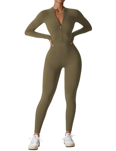 YEOREO Women Long Sleeve Workout Jumpsuit Zip Up Romper Bottom Pants Bodysuit Bodycon Sexy One Piece Army XL | Amazon (US)