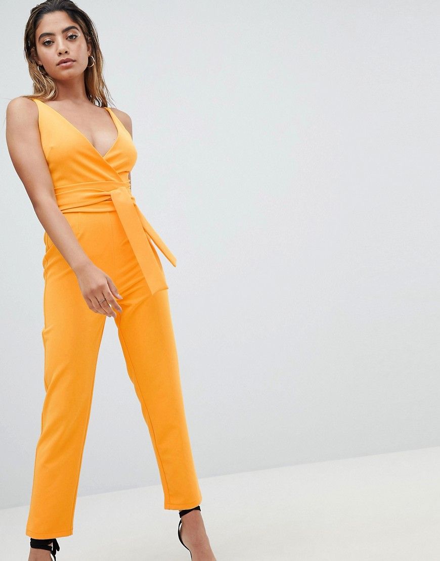 ASOS DESIGN Wrap Front Jumpsuit With Peg Leg And Self Belt - Orange | ASOS US