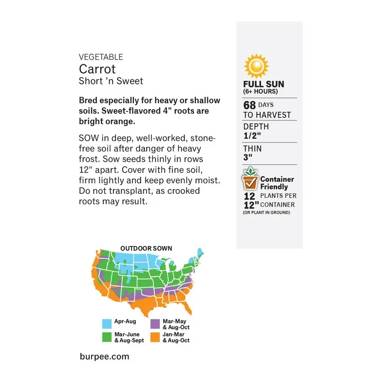 Burpee Short 'N Sweet Carrot Seeds - Non-GMO, Easy to Grow, Vegetable Gardening Seeds, 2g, 1-Pack | Walmart (US)