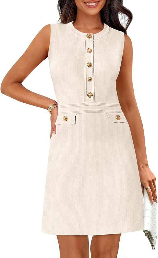 MEROKEETY Women's Summer Knit Mini Dresses Button Casual Sleeveless Elegant Formal Work Dress | Amazon (US)