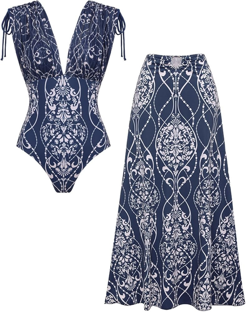 FLAXMAKER Women's One Piece V Neck Shoulder Drawstring Printed Swimsuit with Skirt | Amazon (US)