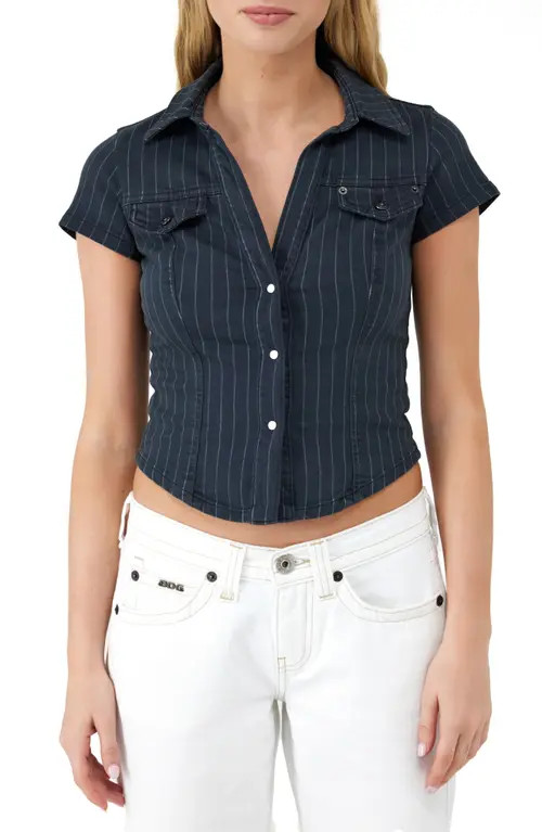 BDG Urban Outfitters Polly Pinstripe Denim Snap-Up Shirt in Black at Nordstrom, Size Small | Nordstrom