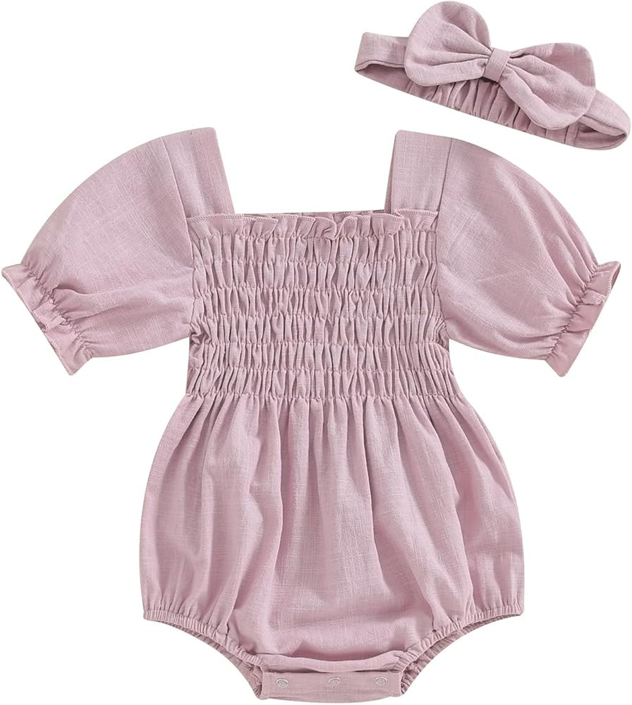 MERSARIPHY Baby Summer Clothes Newborn Infant Girl Smocked Pleated Romper Bubble Short Sleeve Bod... | Amazon (US)
