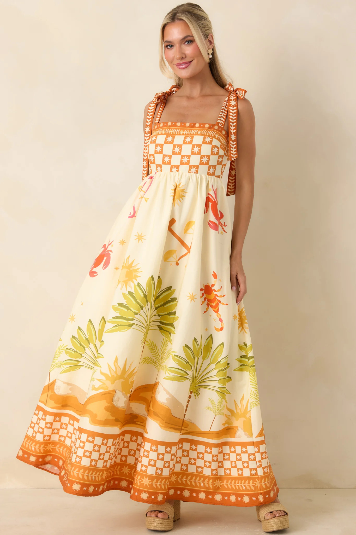 Born for the Beach Ivory Multi Tropical Zodiac Print Cotton Maxi Dress | Red Dress