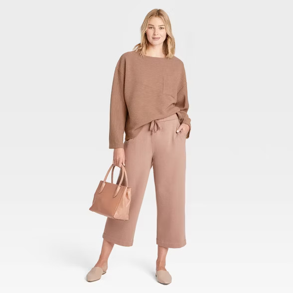 Women's Long Sleeve Ottoman T-Shirt - A New Day™ Brown XS | Target