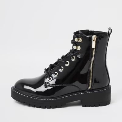 Black patent lace up ankle boots | River Island (UK & IE)