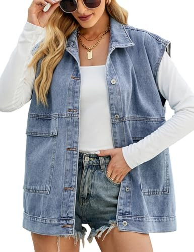 Shebote Womens Oversized Sleeveless Jean Denim Jacket Button Down Vest Top for Women Summer Waistcoat Jeans Vests Tops(0168-Blue-L) | Amazon (US)