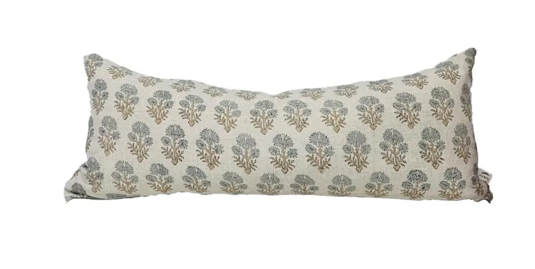 Floral Block Print Linen Lumbar Pillow Cover, Blue and Camel Color Floral Pillow Cover, - Etsy | Etsy (Global)