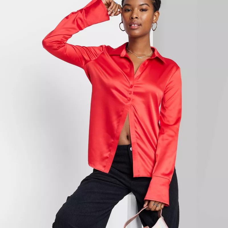 Women's Bell Long Sleeve Collared Satin Button-Down Shirt - Wild Fable™ | Target