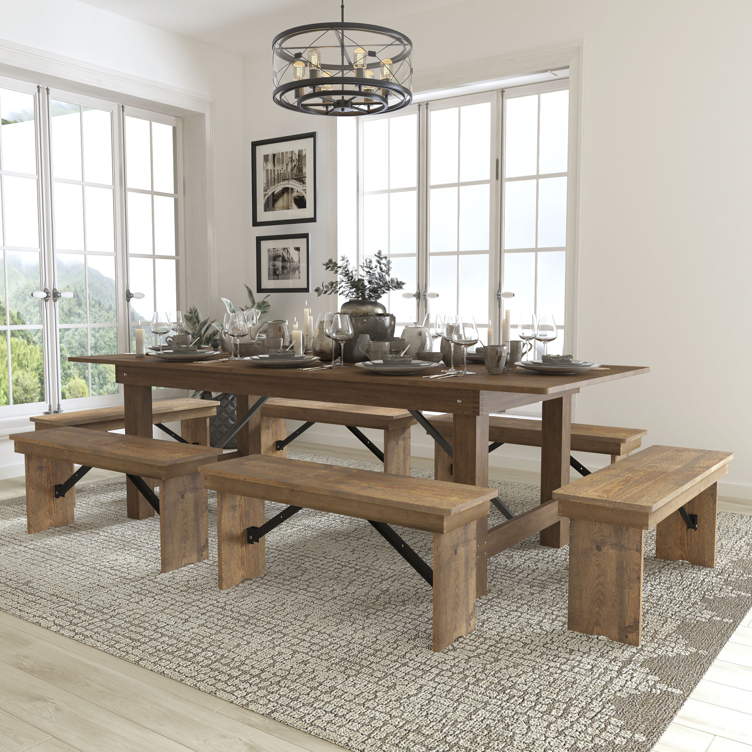 Flash Furniture Antique Rustic Rustic Dining Room Set with Rectangular Table ( Seats 12 ) in Brown | 889142221197 | Lowe's