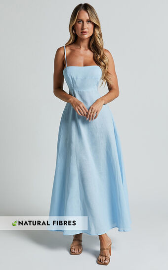 Brette Midi Dress - Linen Look Straight Neck Strappy Fit And Flare Dress in Blue | Showpo (US, UK & Europe)