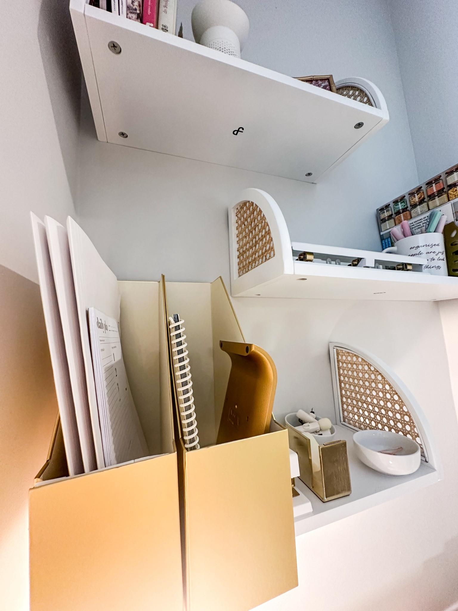 It's always a good idea to use vertical space if storage is limited. I have a tiny desk area so hung these floating boho shelves to hold office supplies and books, keeping my surface space clear! 

#homeorganization

#LTKWorkwear #LTKHome #LTKFindsUnder50