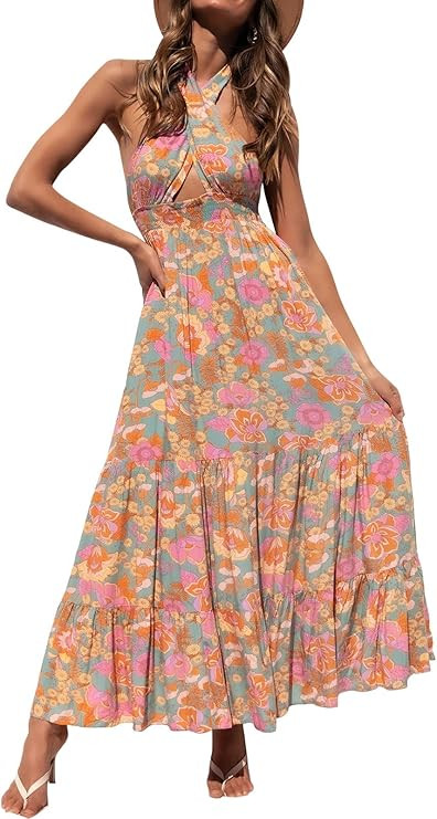 ZESICA Women's 2024 Summer Crossover Halter Neck Sleeveless Plaid Cut Out Backless Flowy A Line M... | Amazon (US)