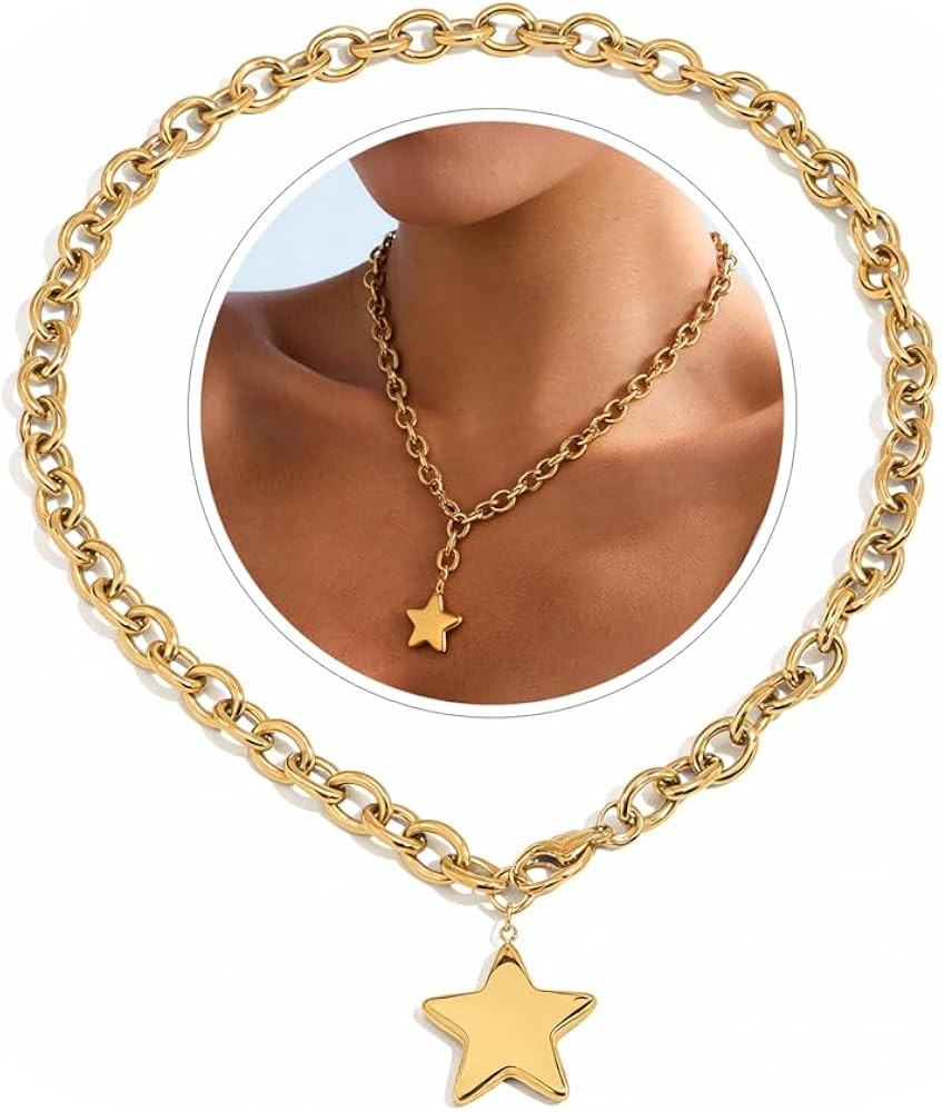 Chunky Gold Necklace with Star Pendant for Women,18K Gold Plated Stainless Steel Sweatproof Non T... | Amazon (US)