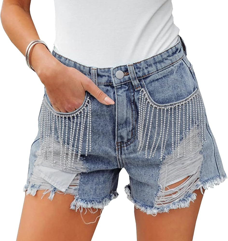 Women High Rise Ripped Denim Shorts Casual Stretch Tassels Raw Hem Jean Shorts | Amazon (US)