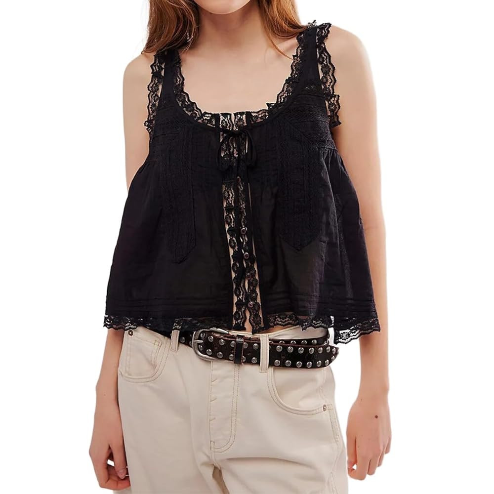 LOFAAC Women Y2K Lace Trim Ruffled Crop Tank Top Summer Coquette Sleeveless Tie Front Mesh Chiffo... | Amazon (US)